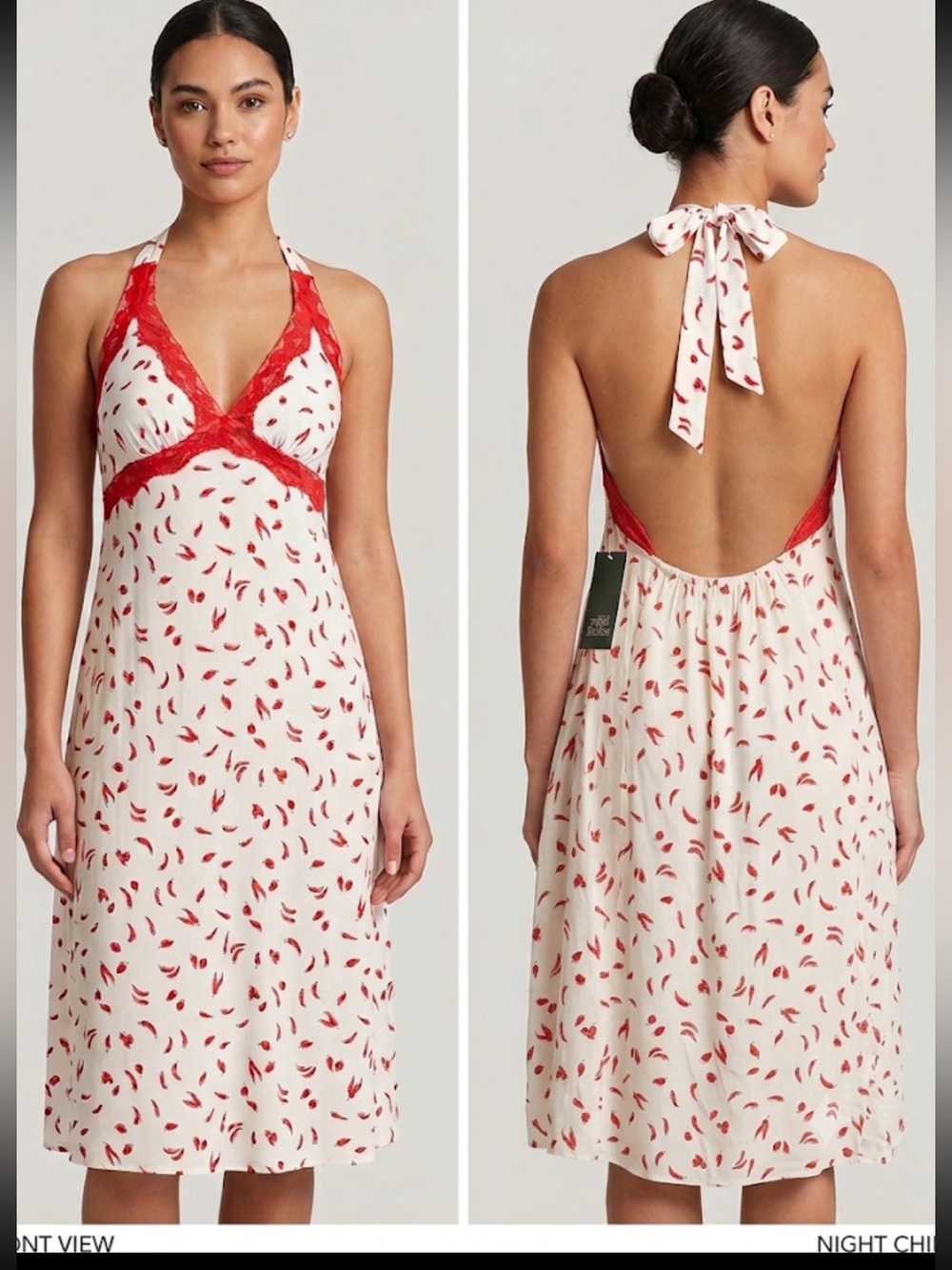 White Halter Nightdress with Red Chili Peppers Print and Lace Trim